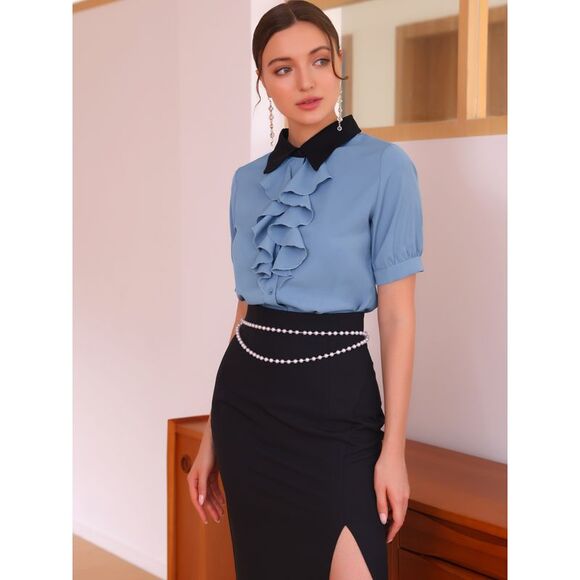 Contrast Collar Tie Ruffle Front Button Short Sleeve Shirt Dusty Blue - Picture 2 of 6